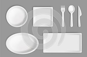 Disposable tableware mockup, set, vector isolated illustration. Empty white plastic or paper plates, spoon, knife, fork.