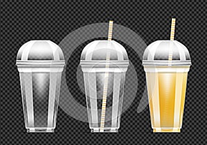 Disposable transparent plastic cup with orange juice