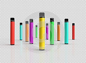 Disposable vape pen sticks scene isolated on a white background with colorful labels for copy space.