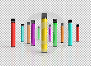 Disposable vape pen sticks scene isolated on a white background with colorful labels for copy space. photo