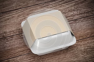 Disposable white food box container with craft cardboard paper cover label pack isolated