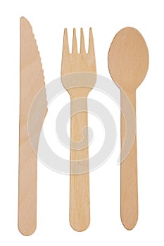 Disposable Wooden Flatware made of Bamboo isolated on white background