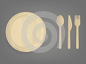 Disposable wooden tableware realistic vector set