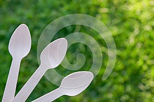 Disposable wooden teaspoons on green grass background. Reduce Reuse Recycle
