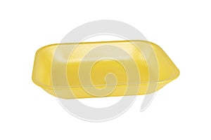 Disposable yellow plastic lunch box container isolated on white background. Plastic container isolated. Single-use plastic