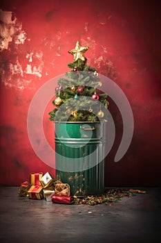 Disposed Christmas tree in a green garbage bin.