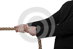 Dispute concept. Man pulling rope on white background, closeup