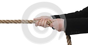 Dispute concept. Man pulling rope on white background, closeup