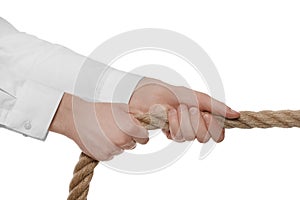 Dispute concept. Man pulling rope on white background, closeup