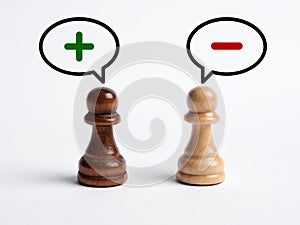 Dispute or discussion between two people about the pros and cons. Positive and negative mindset. Pessimistic and optimistic