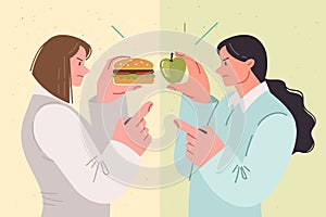 Dispute over choosing right diet between two women holding burger and apple to satisfy hunger