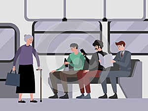 Disrespect to pensioners, grandmother. Young guys do not give way to public transport. Indifference. In minimalist style