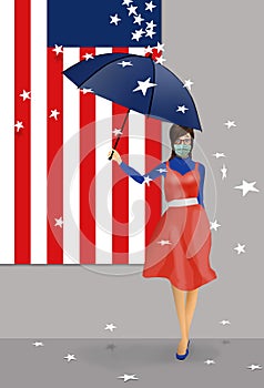 The disruption caused to states in the USA by cover-19 is illustrated with stars falling off of the U.S. flag.