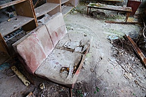 Disruption in hall of hospital, abandoned ghost town of Pripyat in Chernobyl NPP alienation zone, Ukraine