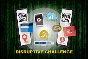 Disruptive challenge words and business technology with smartphones on pattern of green binary code decimal