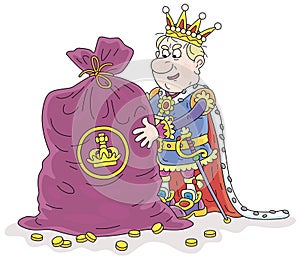 King and a bag of gold coins from his treasury
