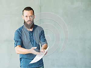 Dissatisfied man documents mistake business papers