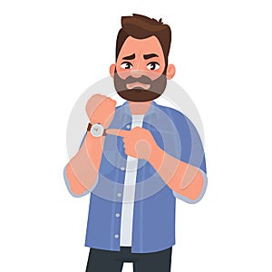 Dissatisfied man shows on the clock. Hurry up. Deadline. Impatient boss. Vector illustration