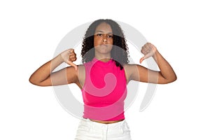 Dissatisfied young african american girl thumbs down gesture