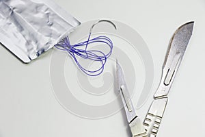 Dissection Kit - Absorbable suture, polyglycolic acid. Surgery operation equipment, knife, needle and suture