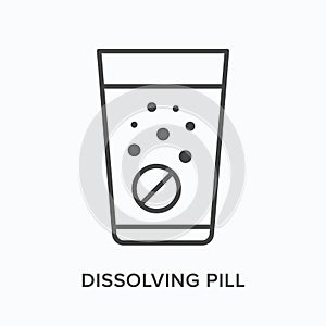 Dissolve pill flat line icon. Vector outline illustration of effervescent medicine in glass of water with bubbles