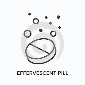 Dissolve pill flat line icon. Vector outline illustration of effervescent medicine in water with bubbles. Medical thin