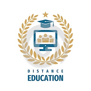 Distance Education Badge Logo Design. University high school emblem. Laurel wreath photo