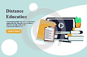 Distance education landing page template. E-learning banner. Online education or library, home