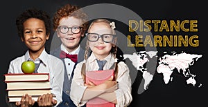 Distance education and learning concept. Happy smiling kids on blackboard background