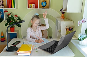 Distance learning concept. Girl communicates via laptop with her teacher