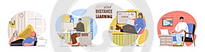 Distance learning concept scenes set. Students studying on laptops, homeschooling, online education, e-learning. Collection of