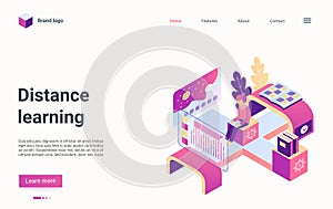 Distance learning education, online virtual school technology isometric landing page