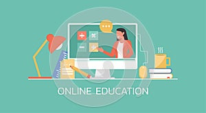 Distance learning, female teacher connecting online math lesson via video website platform