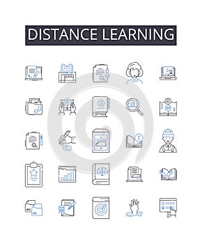 distance learning line icons collection. Inquiry, Exploration, Analysis, Investigation, Study, Experiment, Fact-finding