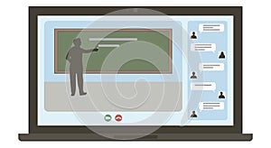 Distance learning. Online education at home. Teacher near the blackboard teaches students or schoolchildren through online webinar