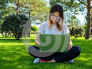 Distance learning online education. Woman with laptop outdoors. Startup business