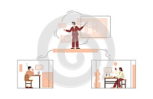 Distance learning students studying remotely, flat vector illustration isolated.