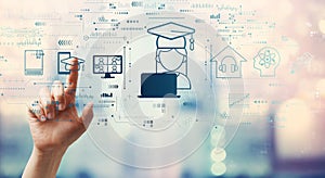 Distance learning theme with hand pressing a button