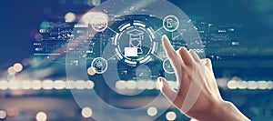 Distance learning theme with hand pressing a button