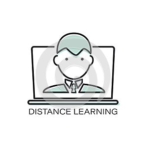 Distance learning. Vector line icon teacher, student. Template for a thematic site. Outline symbol