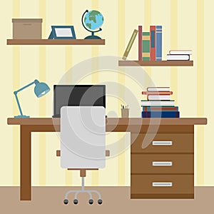 Distance learning, workplace for studying at home, desk and chair, laptop and table lamp and books. Flat design, vector