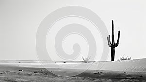 In the distance a lone cactus stands tall against the vast expanse of sand its sharp silhouette reminiscent of the