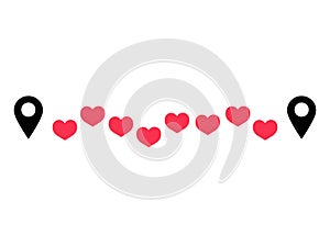 Distance love icon. Route with pin map and red hearts walking footsteps. Trajectory love. Vector illustration