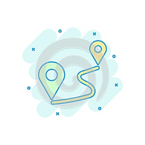 Distance pin icon in comic style. Gps navigation vector cartoon illustration on white isolated background. Communication travel