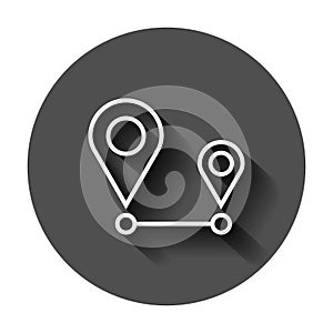 Distance pin icon in flat style. Gps navigation vector illustration on black round background with long shadow. Communication