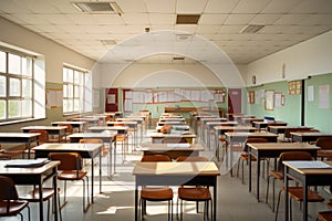 Distance shot image of empty classroom in school, back to school. Generative ai