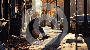 In the distance a street musician sits on the sidewalk serenading passersby with guitar. face is obscured by the shadows photo