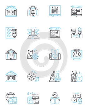 Distance studying linear icons set. Remote, Online, Virtual, Digital, E-learning, Independent, Flexible line vector and photo