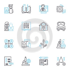 Distance studying linear icons set. Remote, Online, Virtual, Digital, E-learning, Independent, Flexible line vector and photo