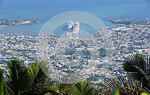 The distance view of bay, harbor and cruiseship from the top of Mount Isabel DeTorres, Dominican Republic